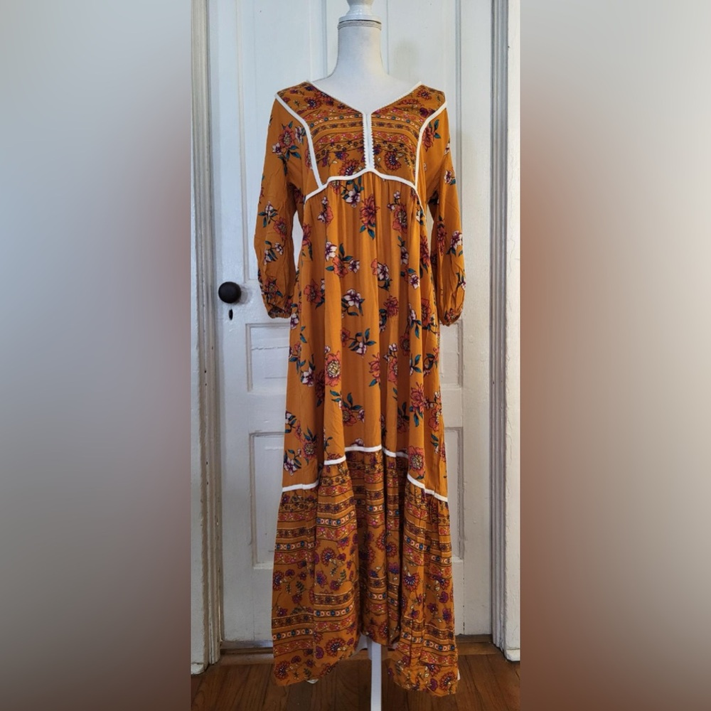 Catch Stitch Vintage-Inspired Bohemian Floral V-Neck Maxi Dress